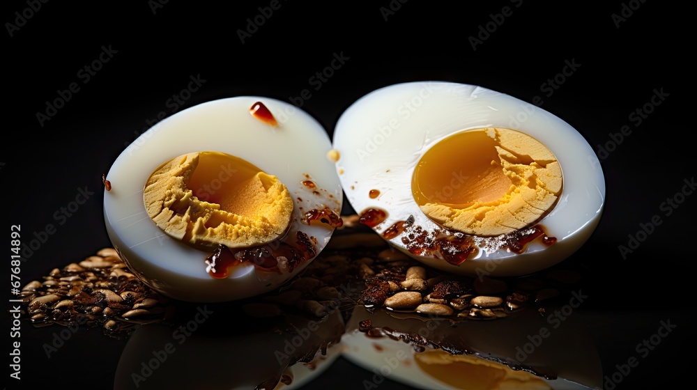 Poster two halves of a hard boiled egg on a black background with a reflection of the whole egg in the midd
