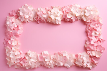Hydrangea flower frame on pink background. Generative AI