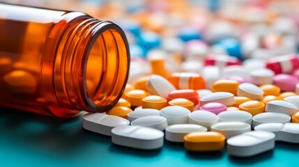 close up view of an open medicine bottle surrounded by many pills - obrazy, fototapety, plakaty