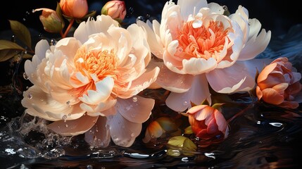  a group of flowers floating on top of a body of water with drops of water on the bottom of the flowers.  generative ai