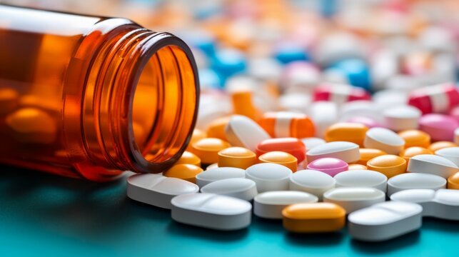 close up view of an open medicine bottle surrounded by many pills