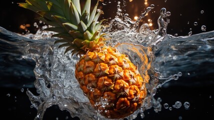 a pineapple floating in the water with a splash of water on it's back and a black background.  generative ai