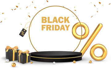3D Rendering Black Friday Podium Stage For Product Placement With Black And Golden Gifts