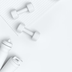 Isometric view of sport equipment like kettlebell, fitness ball and yoga mat