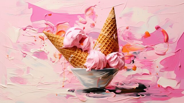  a painting of three ice cream cones in a white bowl on a pink and white background with splashes of paint.  generative ai