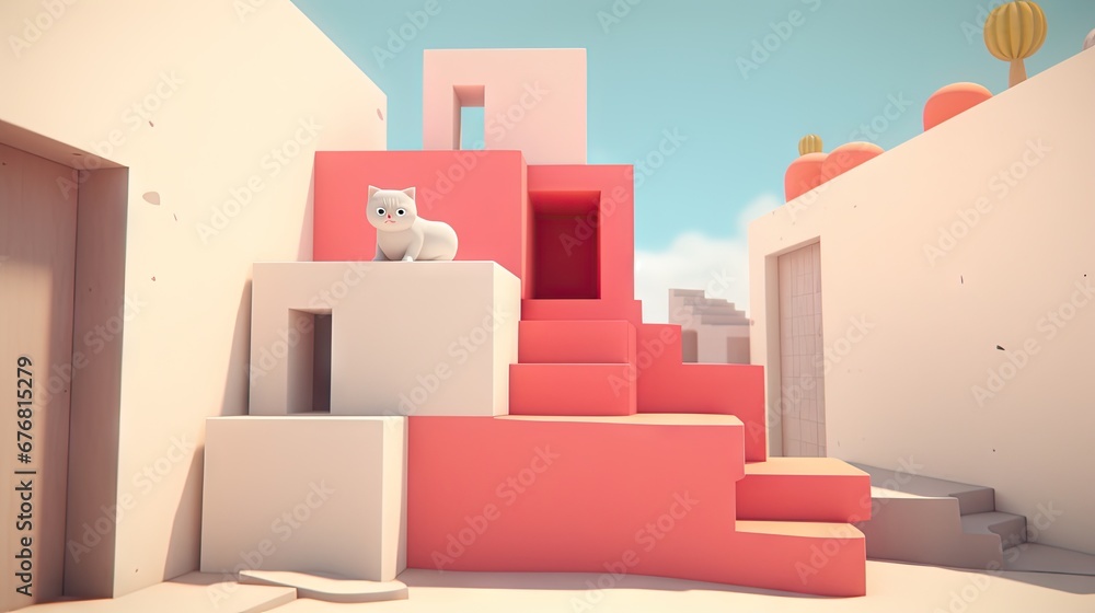 Poster a white cat sitting on top of a set of steps in a cartoon style setting with a sky in the background
