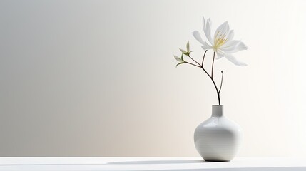  a white vase filled with a white flower on top of a white table and a white wall in the background.  generative ai