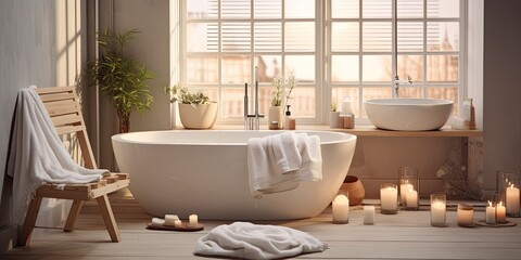 Fototapeta na wymiar Large, spacious, familiar and functional modern bathroom. Smooth light wood, polished marble, bathtub, cozy, calm, serene, peaceful, warm colors, warm light