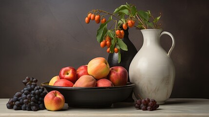  a painting of a bowl of fruit and a vase of fruit on a table with grapes and apricots.  generative ai © Olga