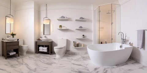 Large, spacious, familiar and functional modern bathroom. Smooth light wood, polished marble, bathtub, cozy, calm, serene, peaceful, warm colors, warm light