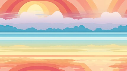 Fototapeta na wymiar a painting of a sunset over a body of water with a rainbow in the sky and clouds in the background. generative ai