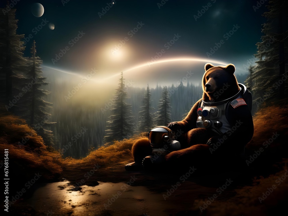 Poster cosmonaut bear wearing a spacesuit d against the background of a night forest with pine trees and th