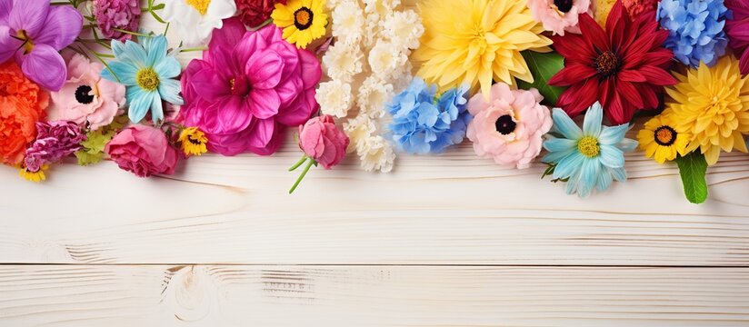 Beautiful flower bouquet on the white wooden background. AI generated image