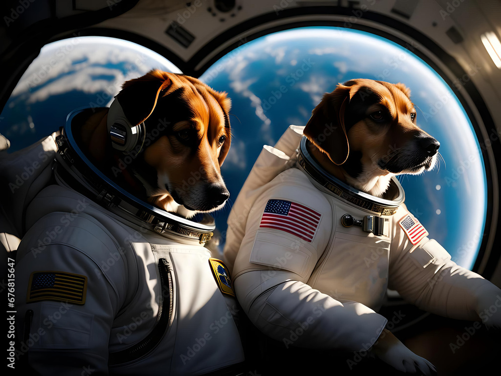 Poster two dogs astronauts wearing spacesuits in a spaceship in space