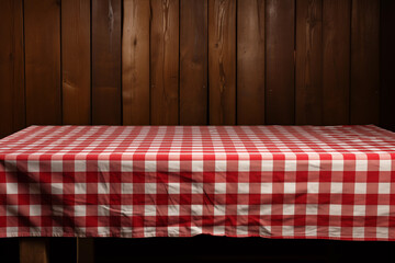 A Red Checkered Tablecloth on a Wooden Table, Set against a Wooden Background Generated AI