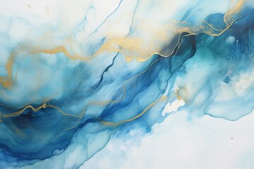 Fototapeta na wymiar Abstract blue wave with gold lines. Subtle waves of paint, abstract blue waves of the ocean, lines of marble
