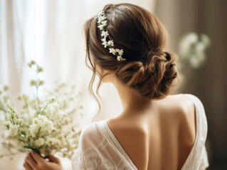 Bride with elegant updo and flowers in her hair.