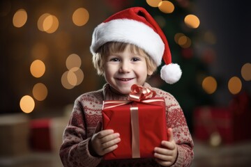 Fototapeta na wymiar Adorable Christmas Boy. Cheerful Child in Santa Red Hat Holding Gift Box with Decorations