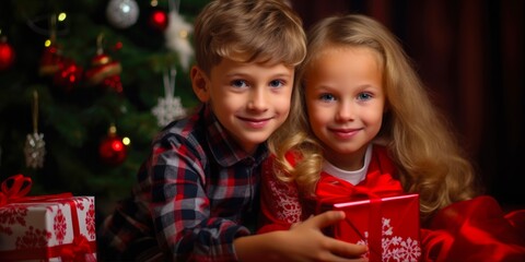 Fototapeta na wymiar Merry Christmas Children: Boy and Girl Delighted by Presents near Christmas Tree