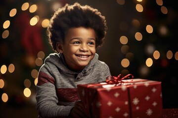 Joyful Christmas Surprise: Black Boy's Joyful Moment Unwrapping a Christmas Present