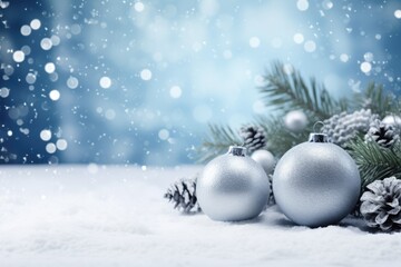 Christmas Blue and Silver. Snowy Winter Decorations with Fir Tree Branches and Christmas Lights. Festive Holiday Background.