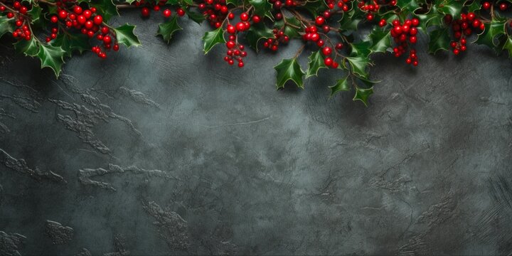 Holly Background. Christmas Tree Branches and Red Berries Holiday Chaplet on a Dark Slate Green Background.