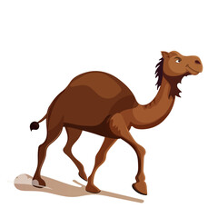 Cartoon brown camel with huge hump. Sahara desert animal, African safari mammal. Cute design, wild nature. Bedouin adventure concept. Isolated on white background. Vector illustration