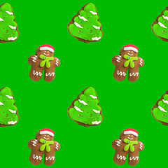 Repeating pattern of Christmas gingerbread cookies baked in the shape of a gingerbread man and a Christmas tree on a green background. New Year and Christmas concept