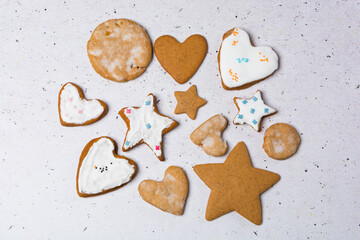 Homemade craft ginger cookies in the shape of hearts, stars and circles