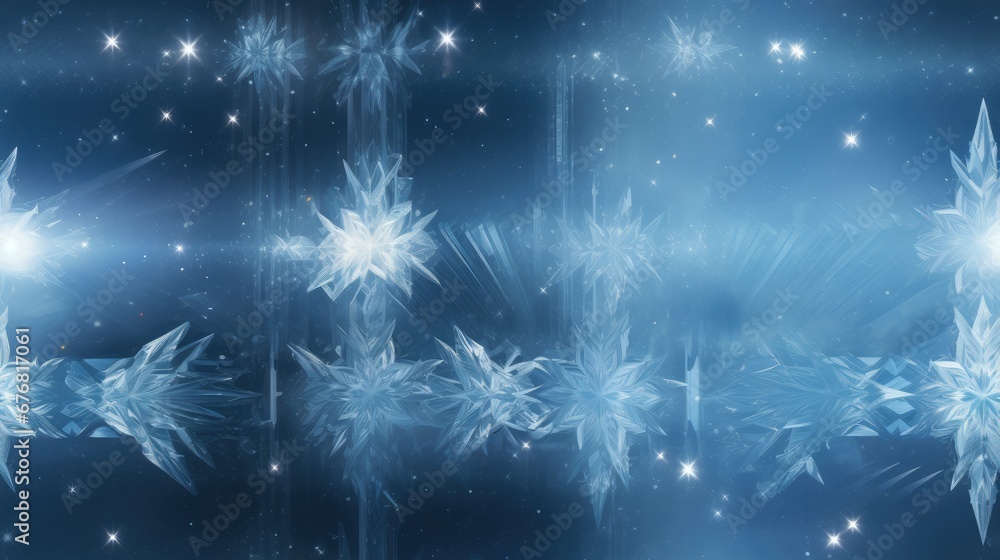 Poster a series of snowflakes on a blue background with stars and snow flakes in the middle of the frame. g