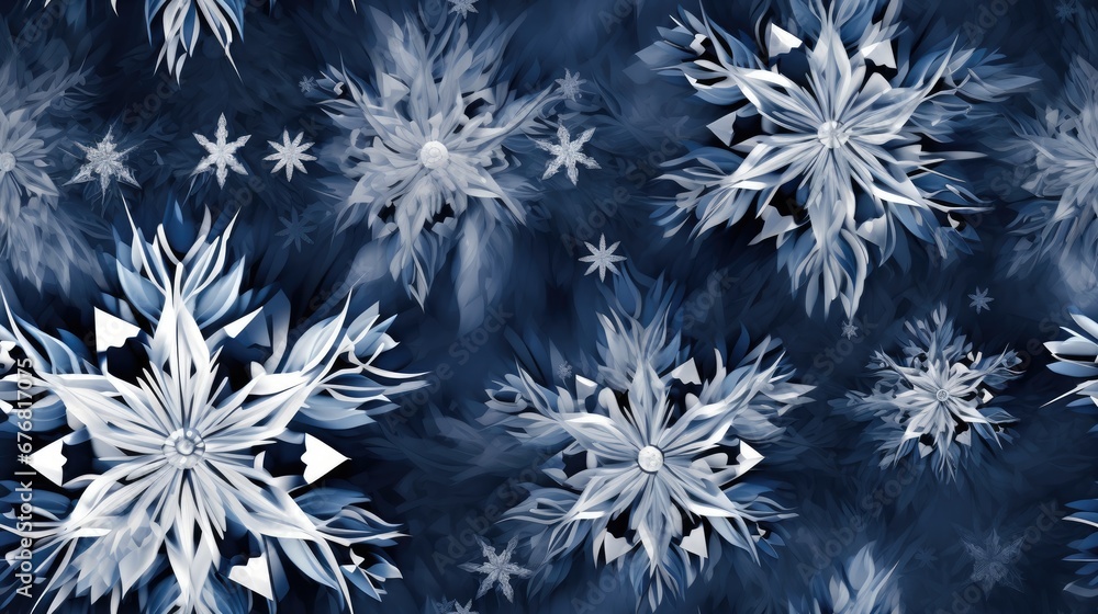Poster a blue and white pattern of snowflakes on a black and white background with snow flakes in the middl
