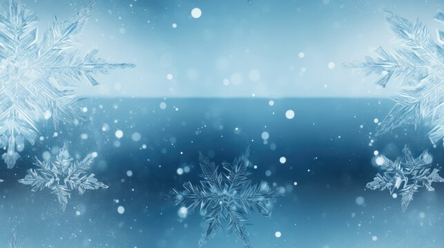  a close up of a snowflake on a blue background with a blurry image of snow flakes.  generative ai