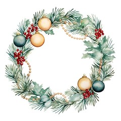 Christmas wreath of blue and gold balls and spruce branches. Watercolor illustration