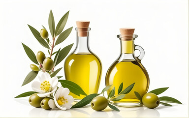 Olives with leaves and flowers. Olive oil in a bottle  White background. AI	

