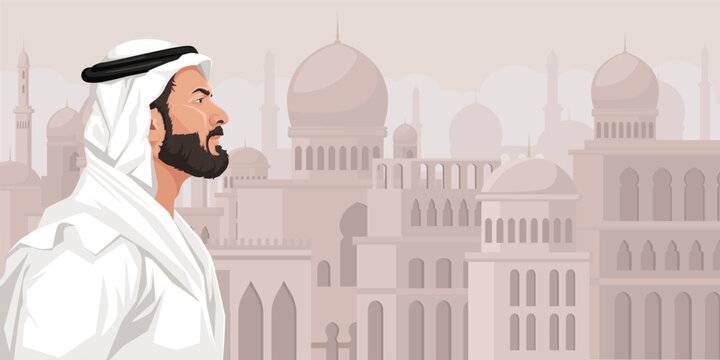 Arabic man, middle east male character. Traditional mosque cityscape panoramic view. Young handsome muslim, serious person having beard and mustache, white traditional clothes. Vector illustration.