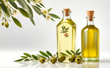 Olives with leaves and flowers. Olive oil in a bottle  White background. AI	
