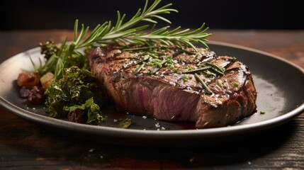  a steak with a sprig of rosemary sits on a plate next to a side of broccoli.  generative ai
