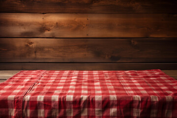 A Red Checkered Tablecloth on a Wooden Table, Set against a Wooden Background Generated AI