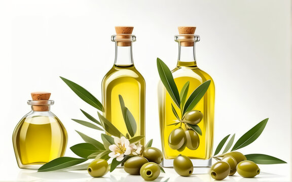 Olives with leaves and flowers. Olive oil in a bottle  White background. AI	
