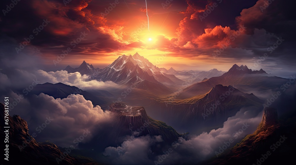 Poster a painting of a sunset over a mountain range with a castle in the middle of the mountain and clouds 