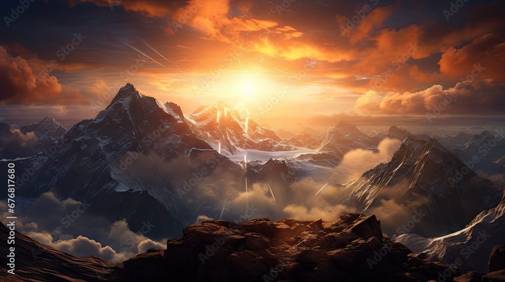 Poster a painting of a mountain range with the sun shining through the clouds over the top of the mountain 