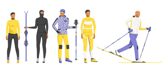 Fototapeta na wymiar Set of winter ski clothes. Yellow collection of extreme sport equipment. Special wear for mountain outdoor activity. Isolated on white background. Vector illustration
