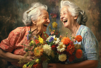 Two Joyful Grandmothers Embrace Friendship, Sharing Laughter Over a Giant Bouquet of Flowers, AI generated