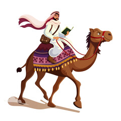Arabian rider mounted brown camel. Decorated saddle. Man upon wildlife animal with hump. Sahara desert transportation. Isolated on white background. Vector illustration