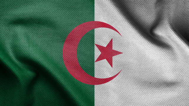 3d illustration flag of Algeria. Close up waving flag of Algeria.