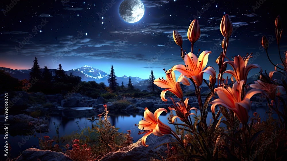 Poster an image of a night scene with flowers in the foreground and a full moon in the sky in the backgroun