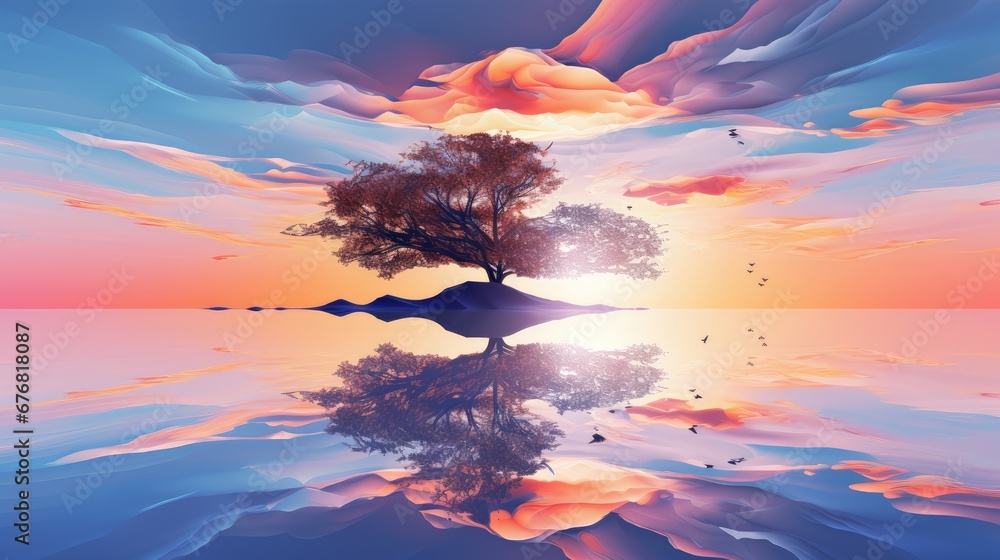 Poster a painting of a tree in the middle of a body of water with a colorful sky and clouds in the backgrou