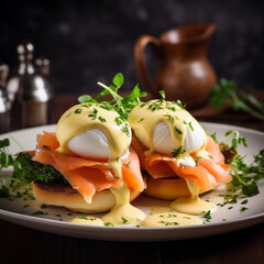 Eggs Benedict with salmon, food photography, Michelin star, appetizing and tempting presentation, Very true colors, and comfortable light