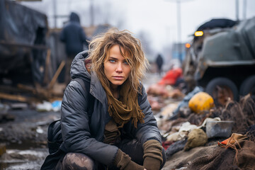 Portrait of a homeless woman sitting on the dirty floor and looking sadly