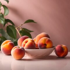 Fototapeta na wymiar An AI illustration of the bowl of fresh peaches sits on the counter top next to a potted